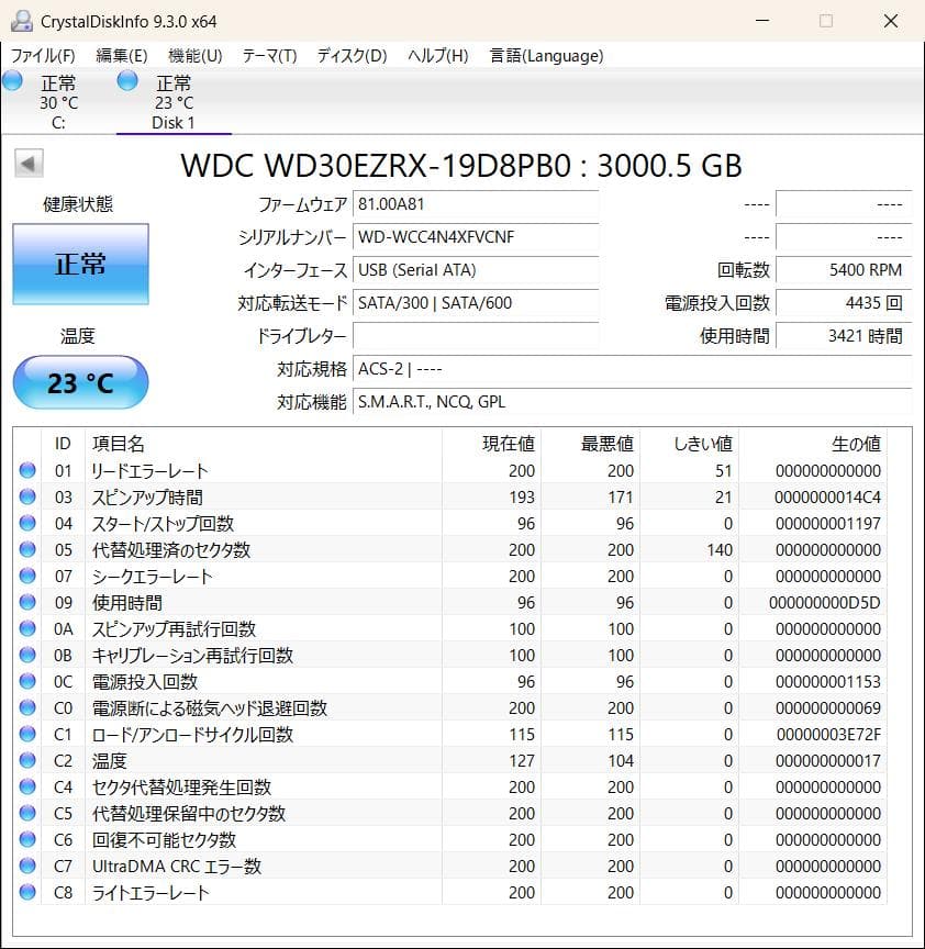 WD Blue 3TB 内蔵型ハードディスク3.5㌅ 使用時間 3421時間