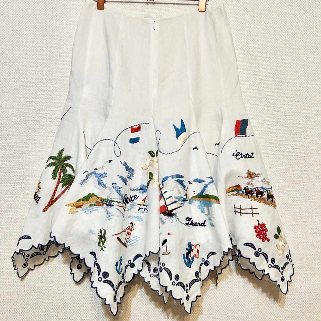 ケイタマルヤマ 刺繍 フレアスカート リネン バカンス リゾート 海 スカラップ