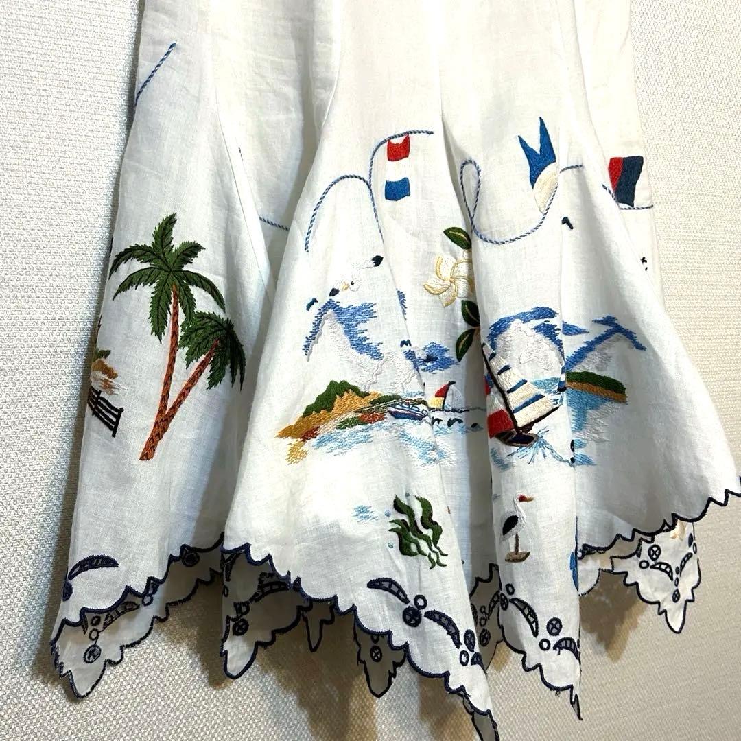 ケイタマルヤマ 刺繍 フレアスカート リネン バカンス リゾート 海 スカラップ