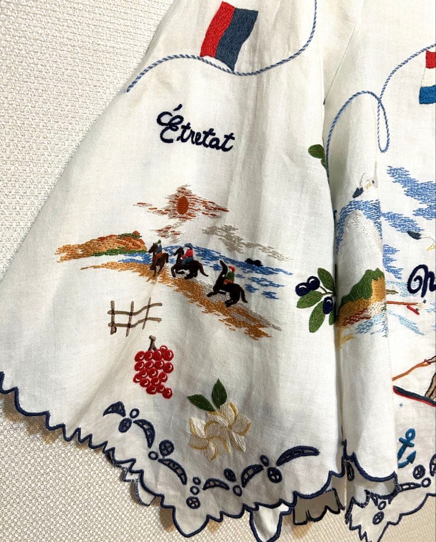 ケイタマルヤマ 刺繍 フレアスカート リネン バカンス リゾート 海 スカラップ