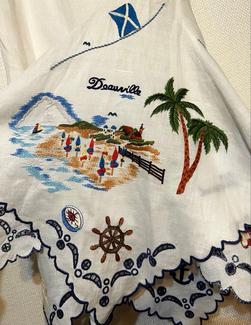 ケイタマルヤマ 刺繍 フレアスカート リネン バカンス リゾート 海 スカラップ