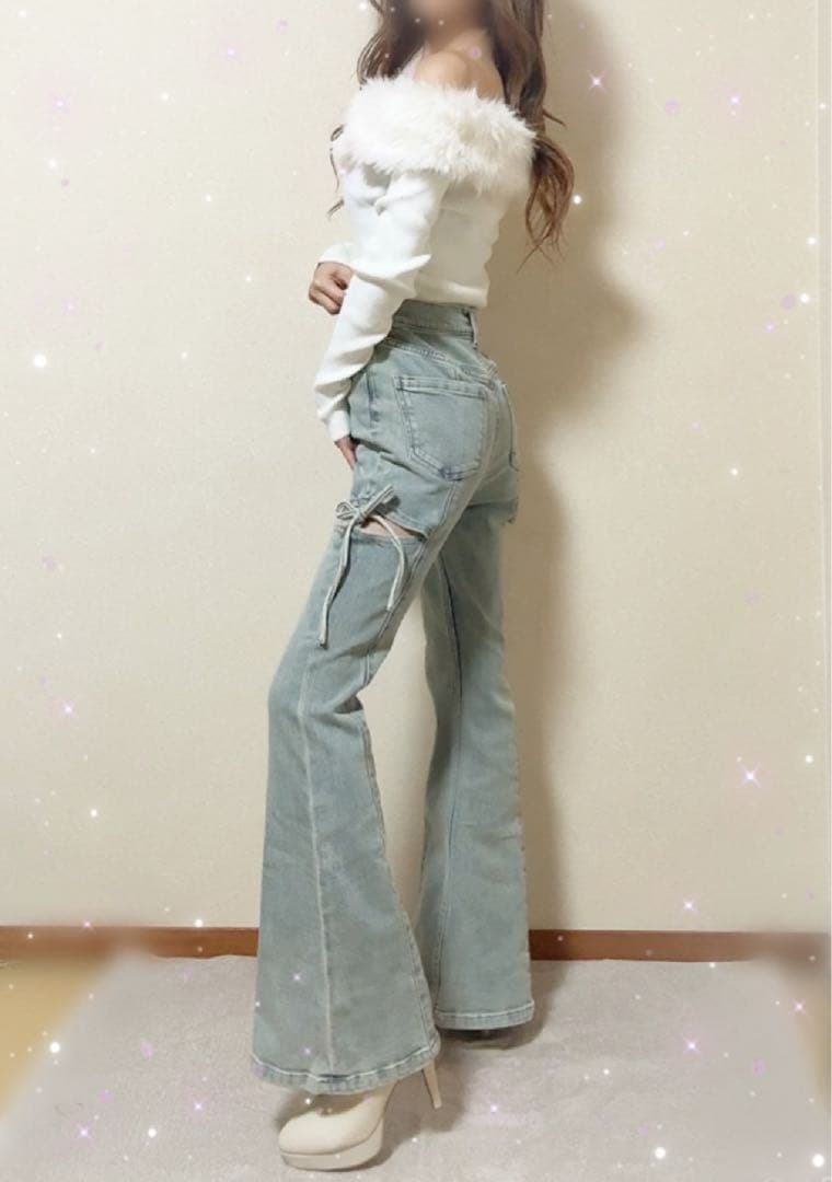 ラスト1点！RESEXXY カットアウトリボンデニムパンツ　アイスブルー