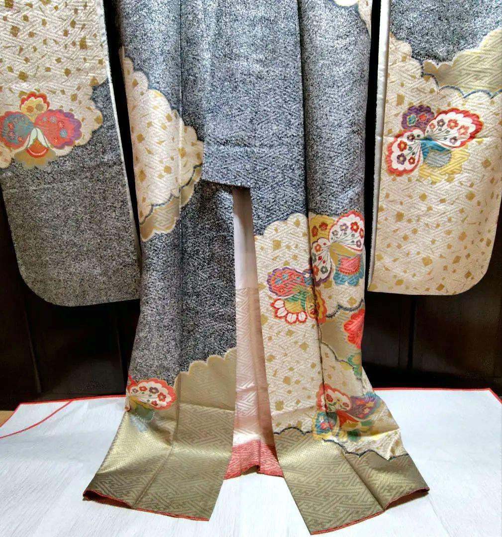 正絹　草花模様　お振袖 　美品