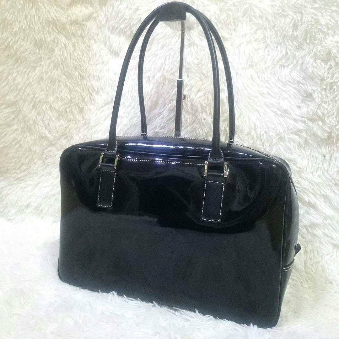 【極美品・現行】傳濱野 ボストンバッグ ハンドバッグ エナメル 黒 肩掛け可