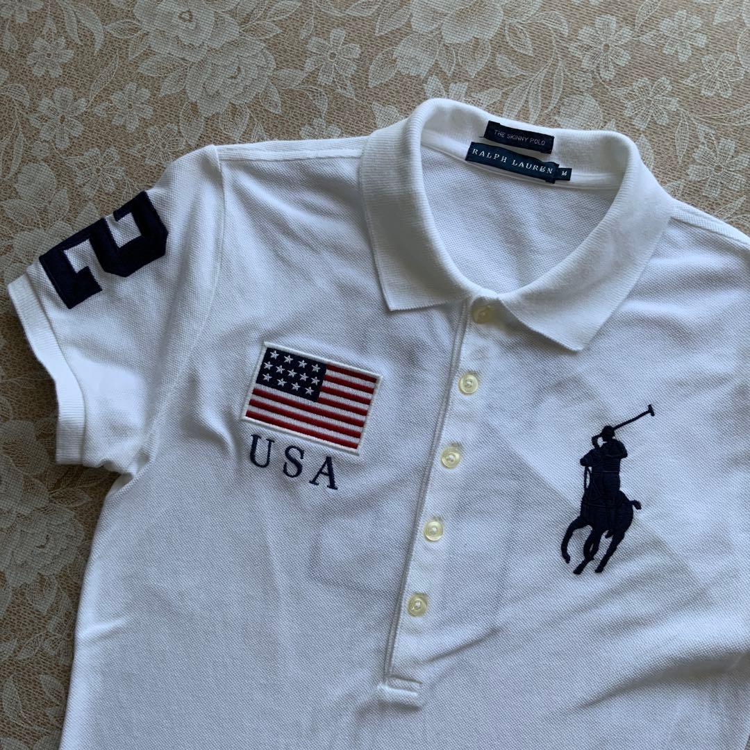 美品　ラルフローレン ビッグポニー USA国旗 半袖ポロシャツ M 白
