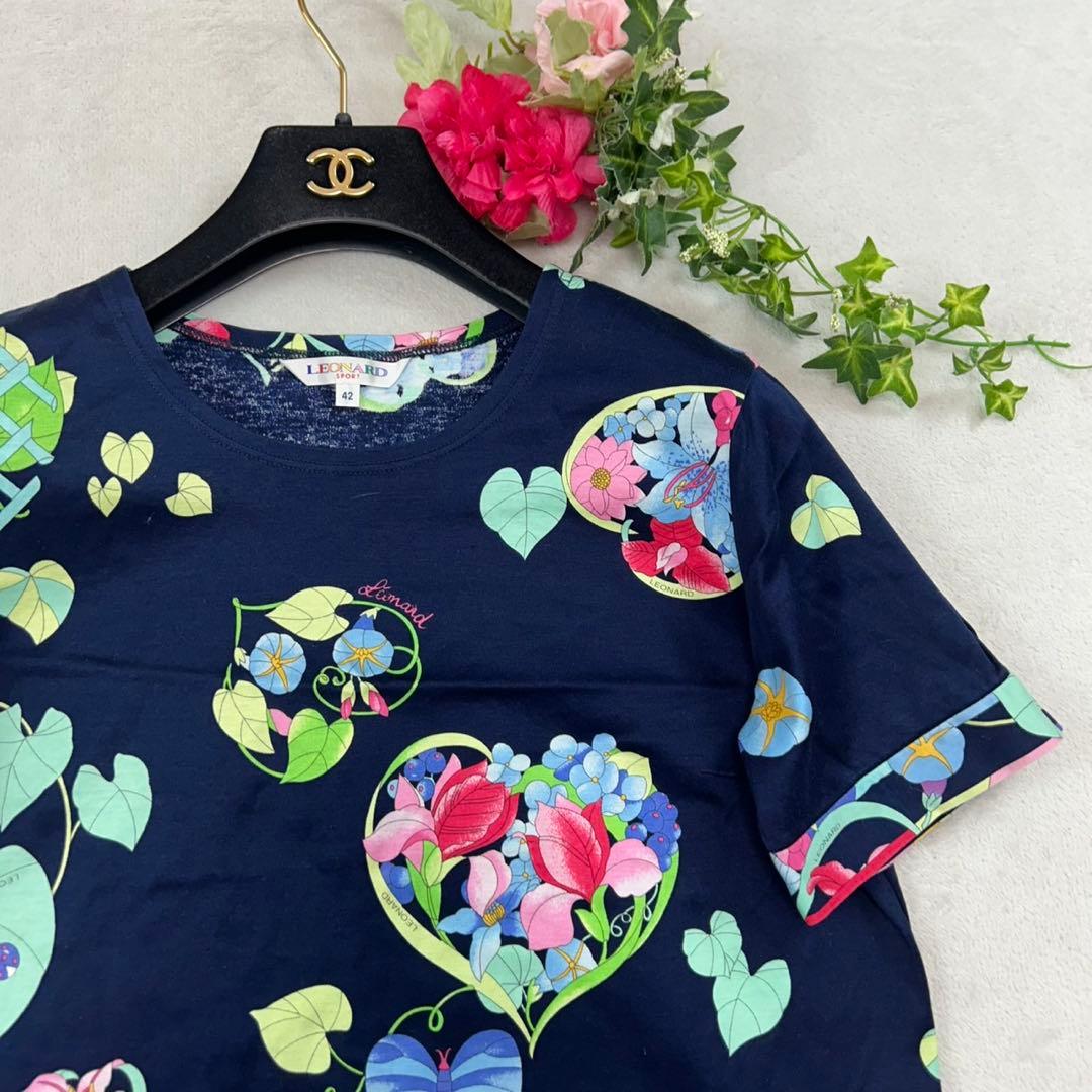 K825 新品未使用 L レオナール ロゴ刺繍 カットソー ネイビー レディース