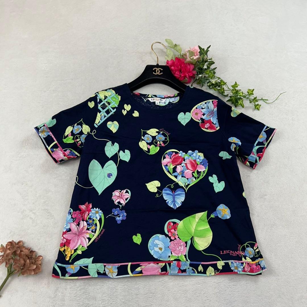 K825 新品未使用 L レオナール ロゴ刺繍 カットソー ネイビー レディース