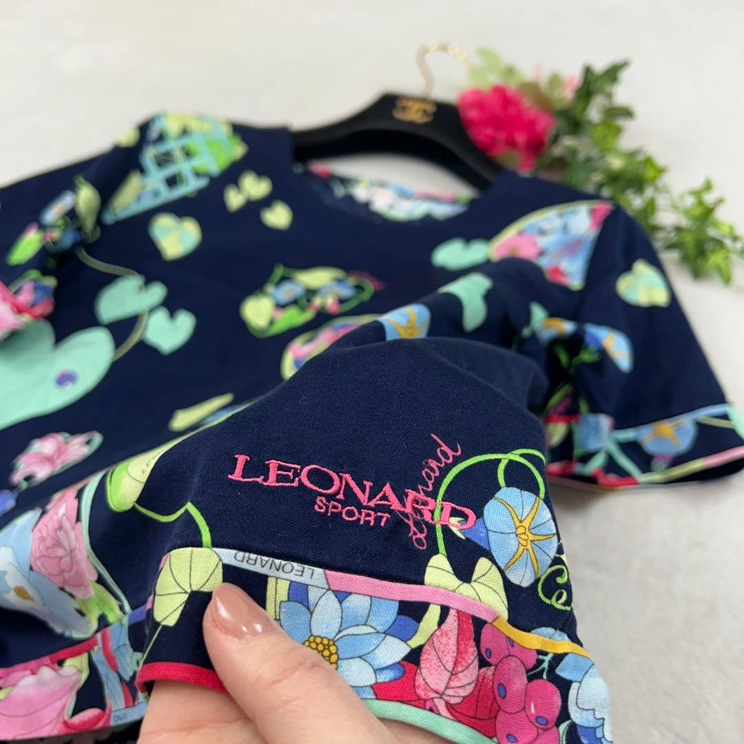 K825 新品未使用 L レオナール ロゴ刺繍 カットソー ネイビー レディース