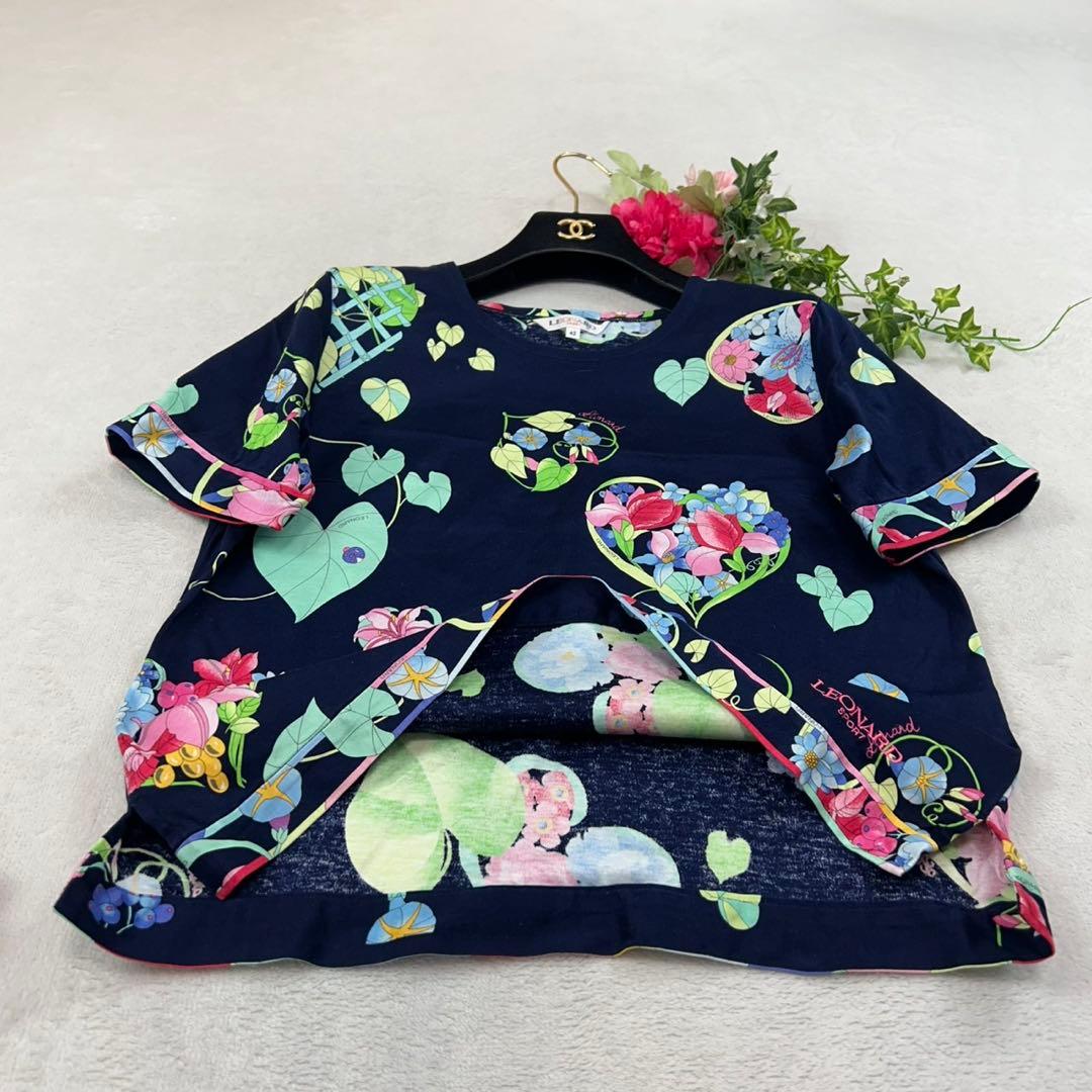 K825 新品未使用 L レオナール ロゴ刺繍 カットソー ネイビー レディース