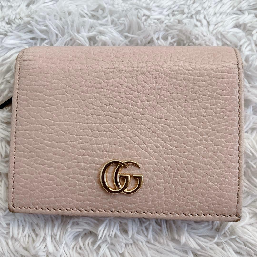 グッチ GGマーモント 折り財布 456126 レザー ゴールド ピンクベージュ
