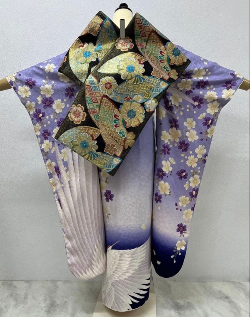 振り袖　フルセット　長襦袢　個性的　鶴　桜　成人式　刺繍入り　長尺袋帯　792