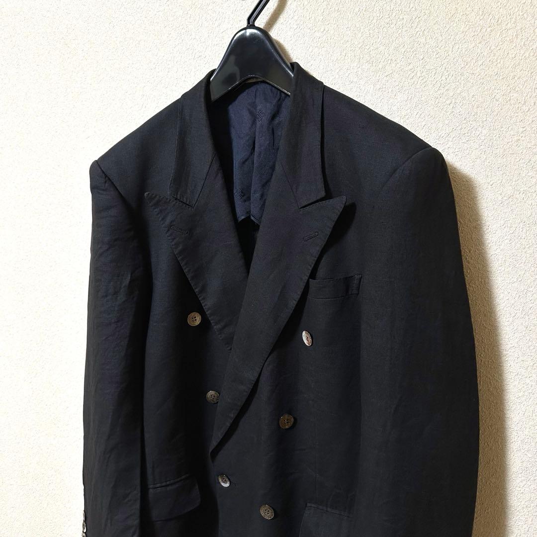 80s GIVENCHY ブラック リネン 100% ダブルブレスト ジャケット