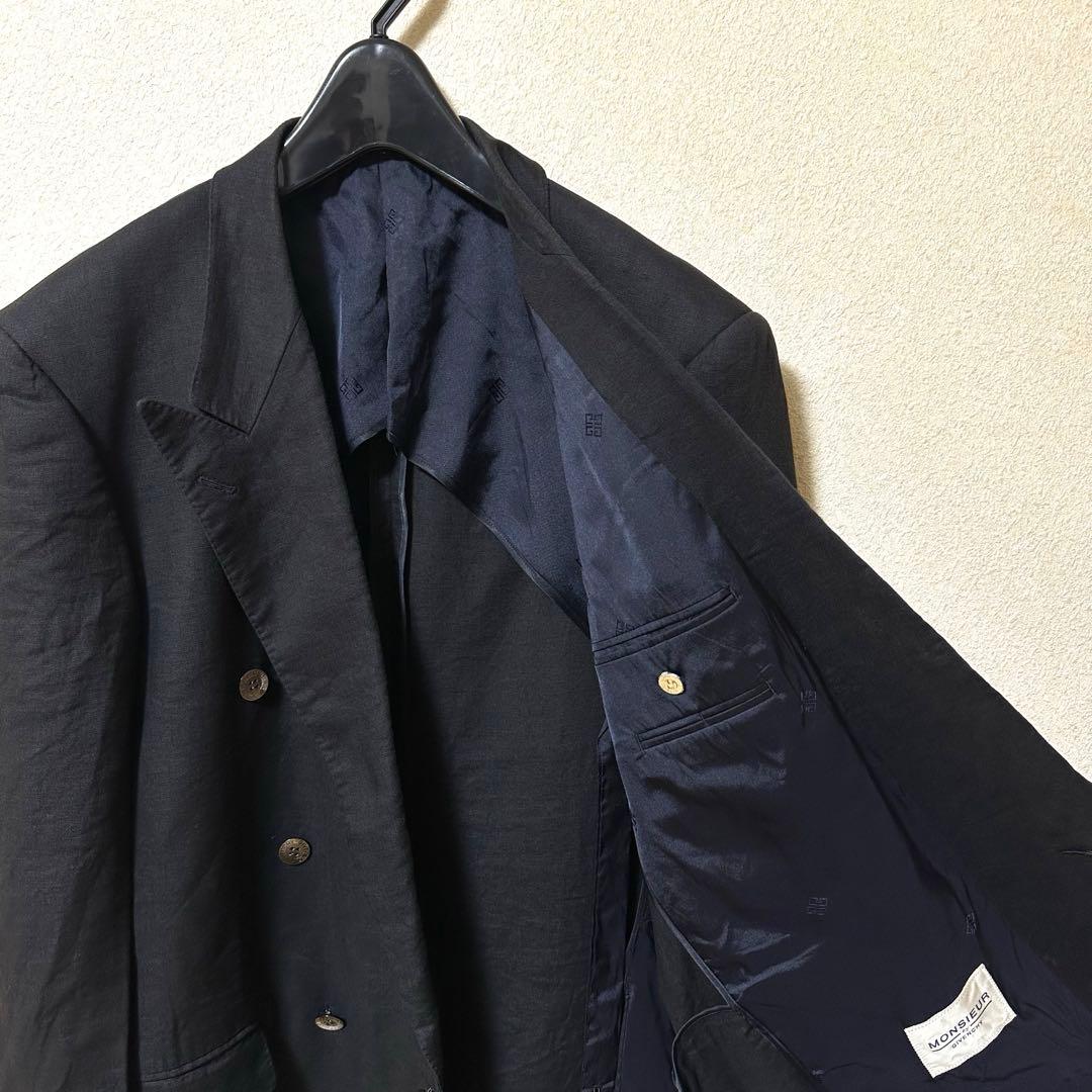 80s GIVENCHY ブラック リネン 100% ダブルブレスト ジャケット