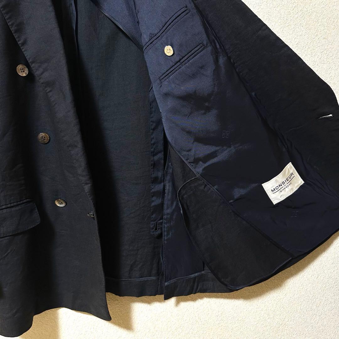80s GIVENCHY ブラック リネン 100% ダブルブレスト ジャケット