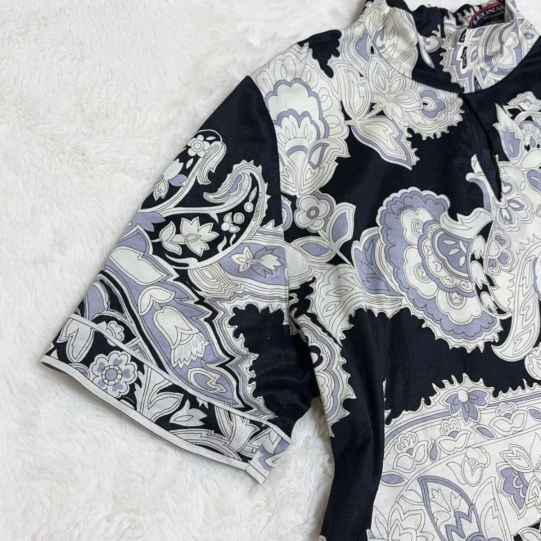 美品 LEONARD 半袖 カットソー 花柄 ペイズリー トリム トップス LL
