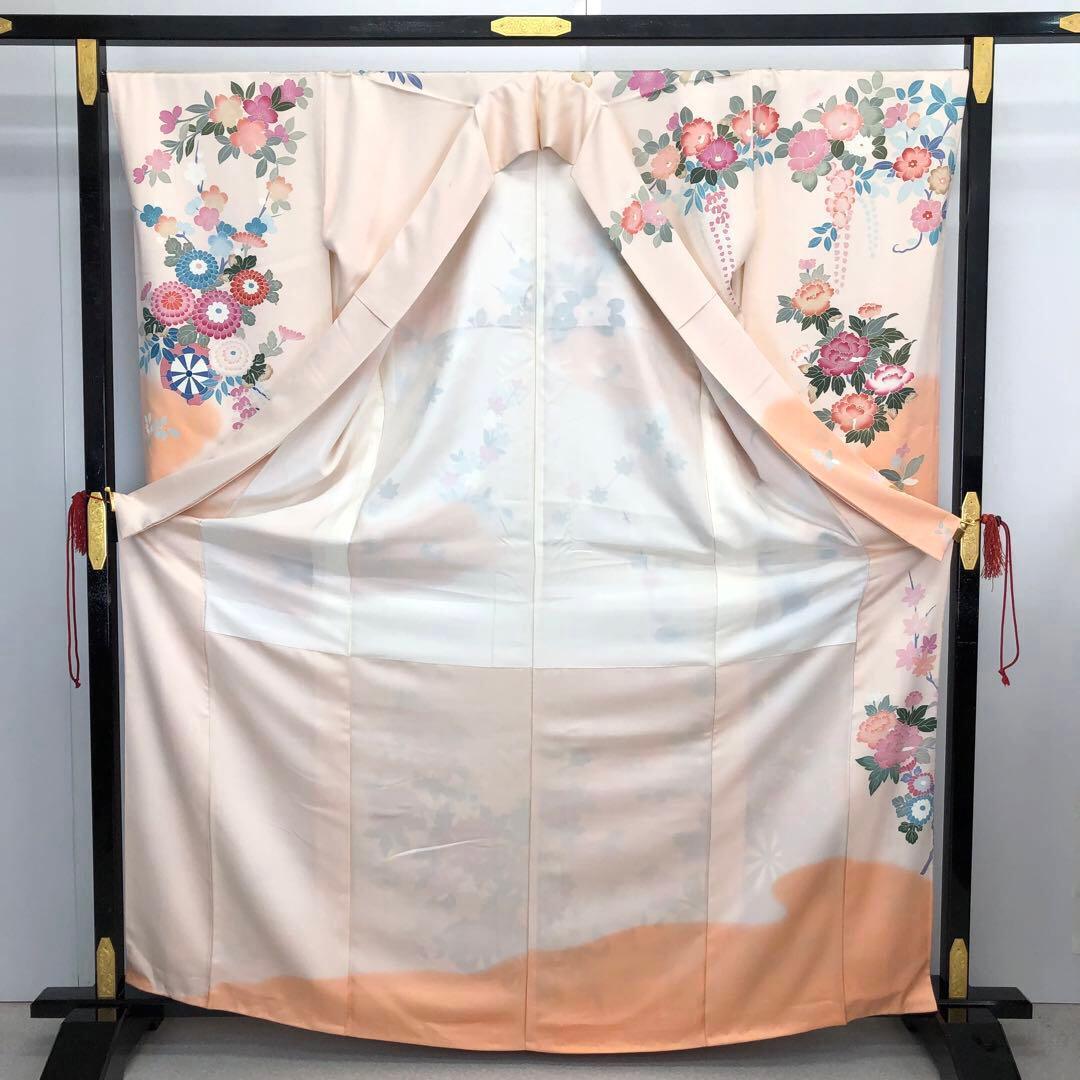 振袖 友禅 花車に四季の花模様 暈し 薄橙 トールサイズ KK-1746