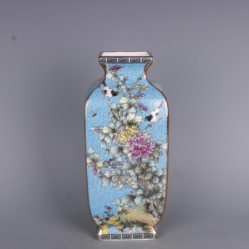 琺瑯彩花鳥四方瓶  陶磁器 装飾品 現代工芸品美術品 置物