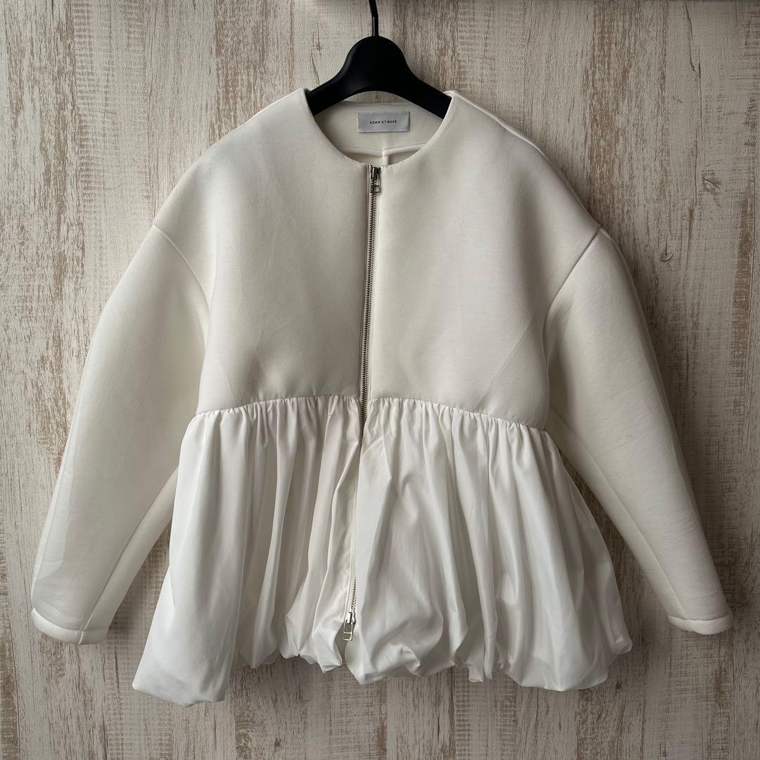 【美品】アダムエロペ ホワイトアウターペプラムダンボールタフタカーディガン
