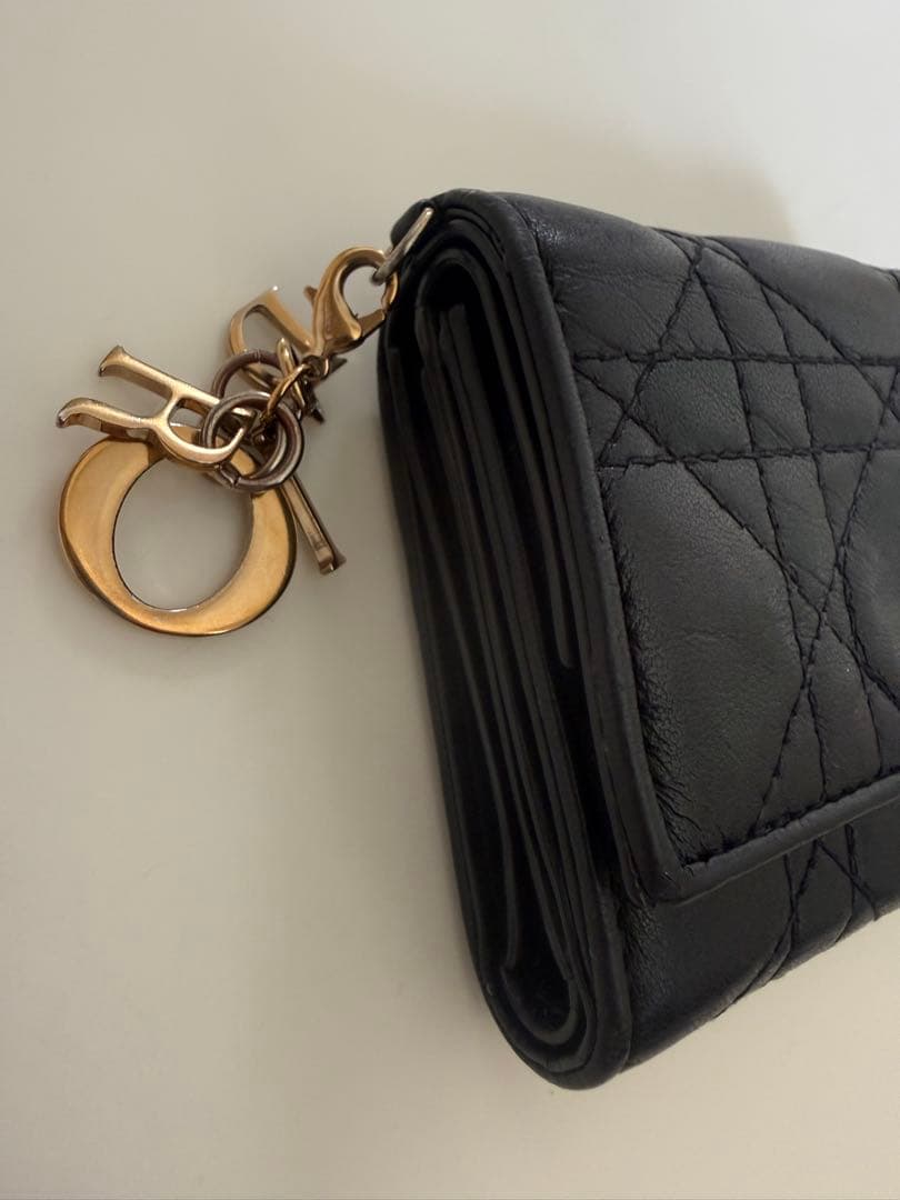 Dior☆ブラックレザー　ロータスウォレット三つ折り財布 キルティング
