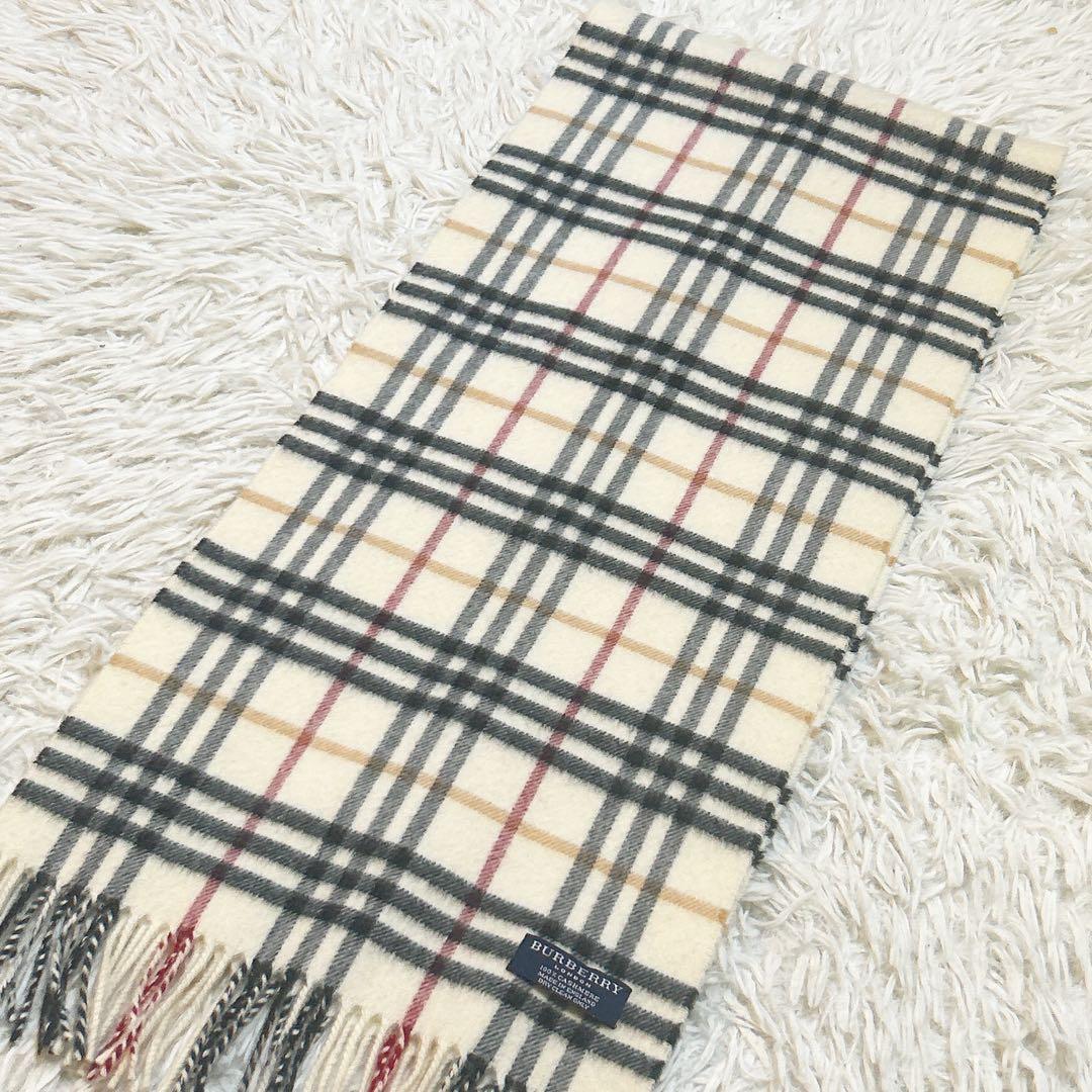 美品　BURBERRY バーバリー カシミヤ100 ノバチェック柄 マフラー 白