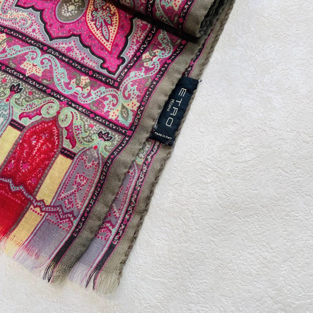 美品✴︎Etro ストール ウール100% ペイズリー柄 エトロ スカーフ カーキ