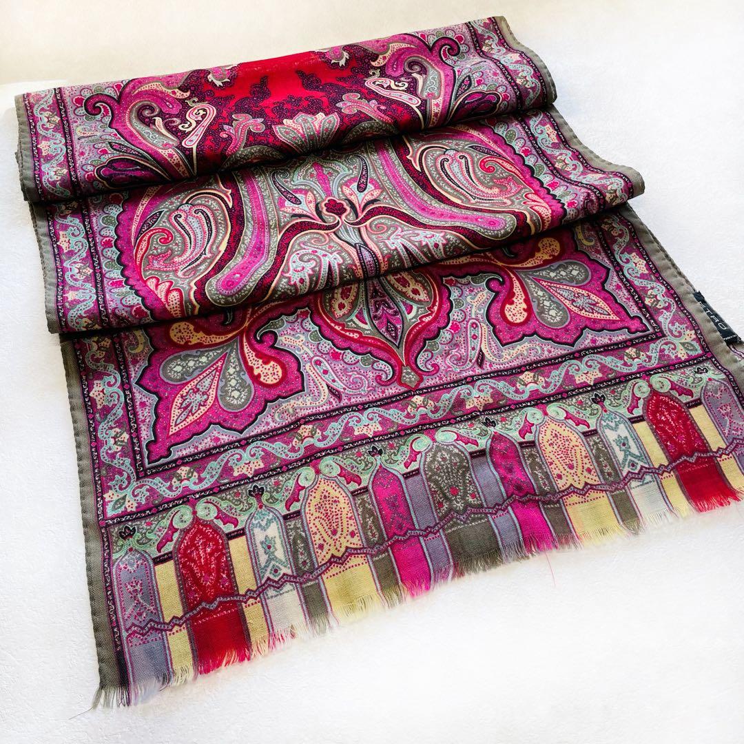美品✴︎Etro ストール ウール100% ペイズリー柄 エトロ スカーフ カーキ
