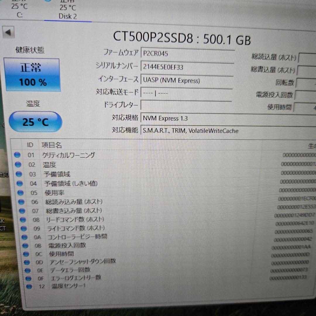 Crucial P2 M.2 2280 500GB SSD 426時間使用