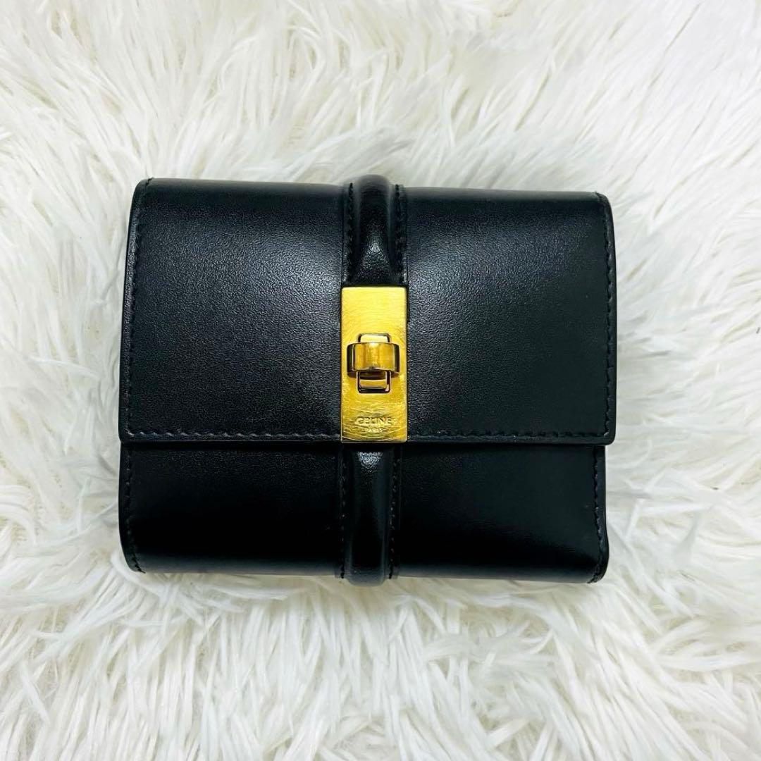 極美✨付属完備✨CELINE 三つ折り財布 セーズ 16 レザー ブラック