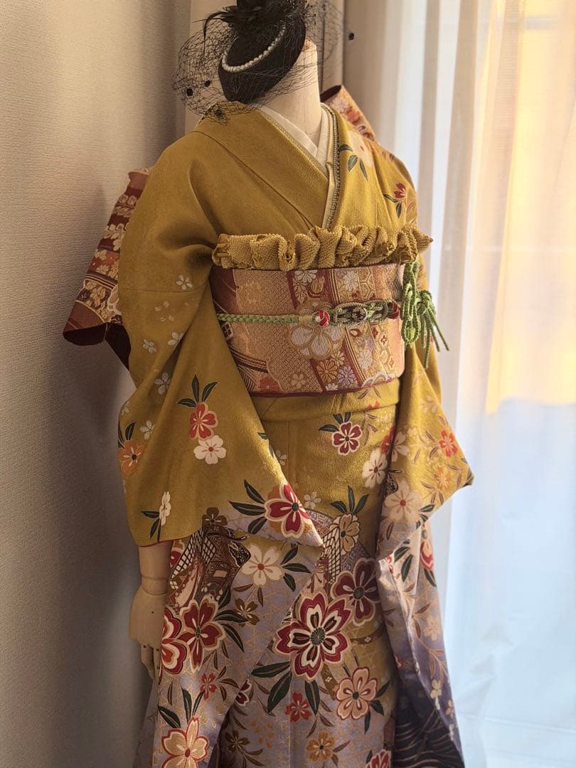 花柄 黄緑色 振袖 着物フルセット
