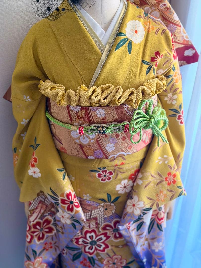 花柄 黄緑色 振袖 着物フルセット