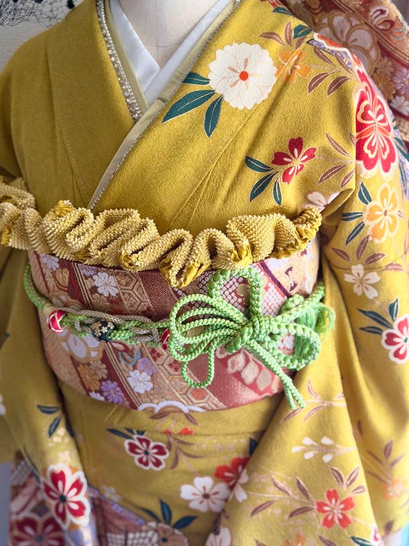 花柄 黄緑色 振袖 着物フルセット