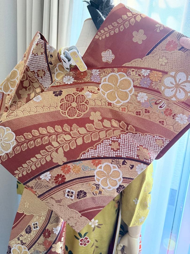 花柄 黄緑色 振袖 着物フルセット