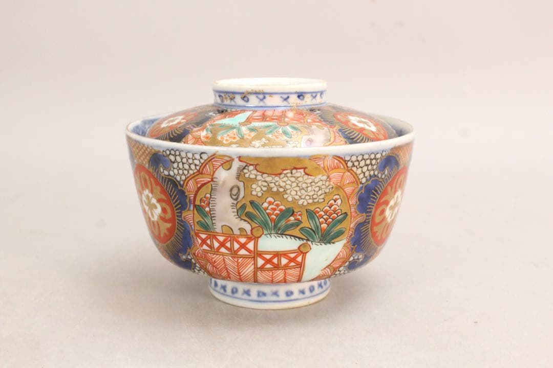 No5234 古伊万里　染錦金襴手　蓋付碗5客　直径12cm 陶磁器　送料無料