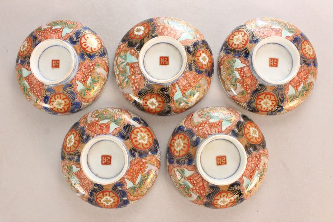 No5234 古伊万里　染錦金襴手　蓋付碗5客　直径12cm 陶磁器　送料無料