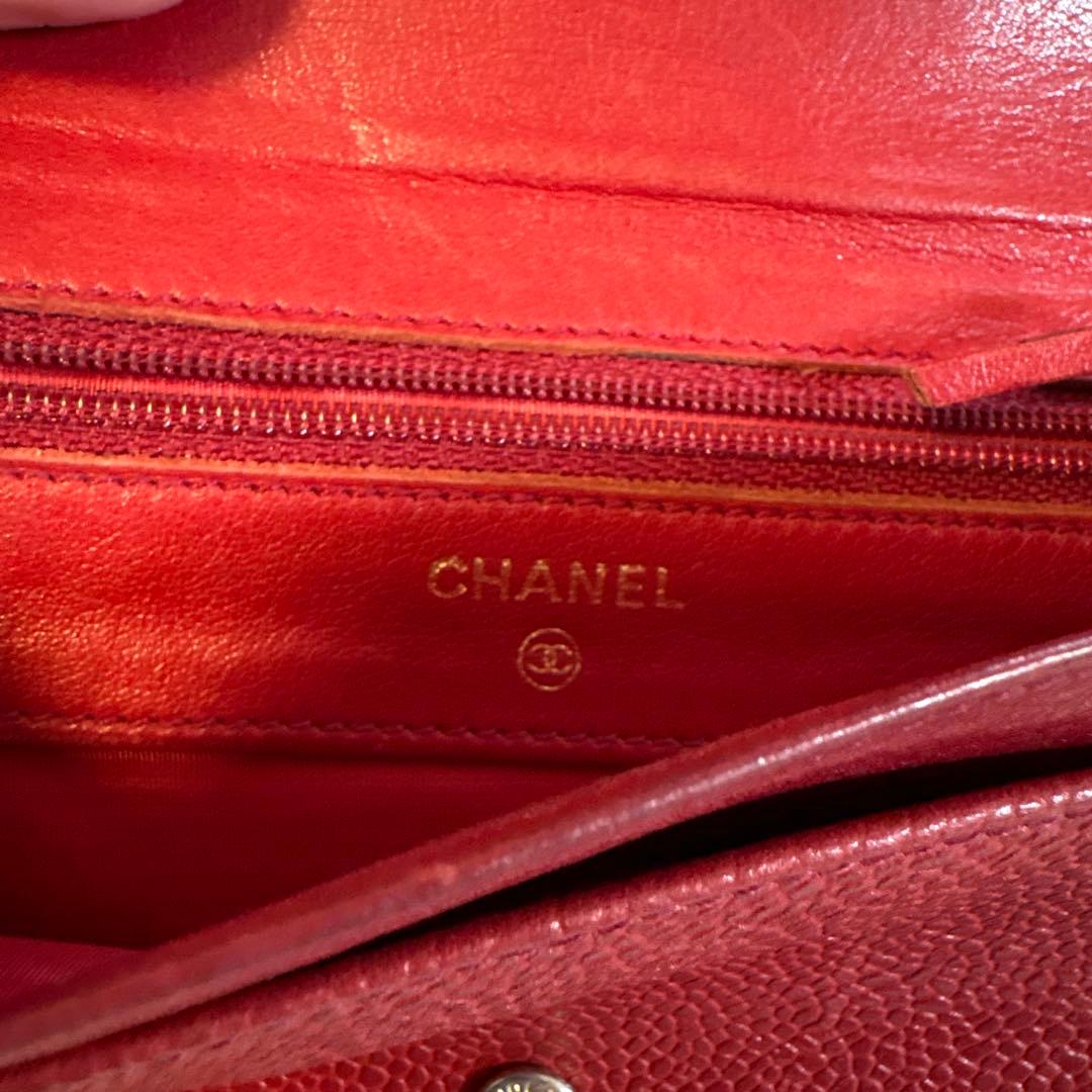 CHANEL/シャネル デカココ 二つ折り財布 キャビアスキン 赤