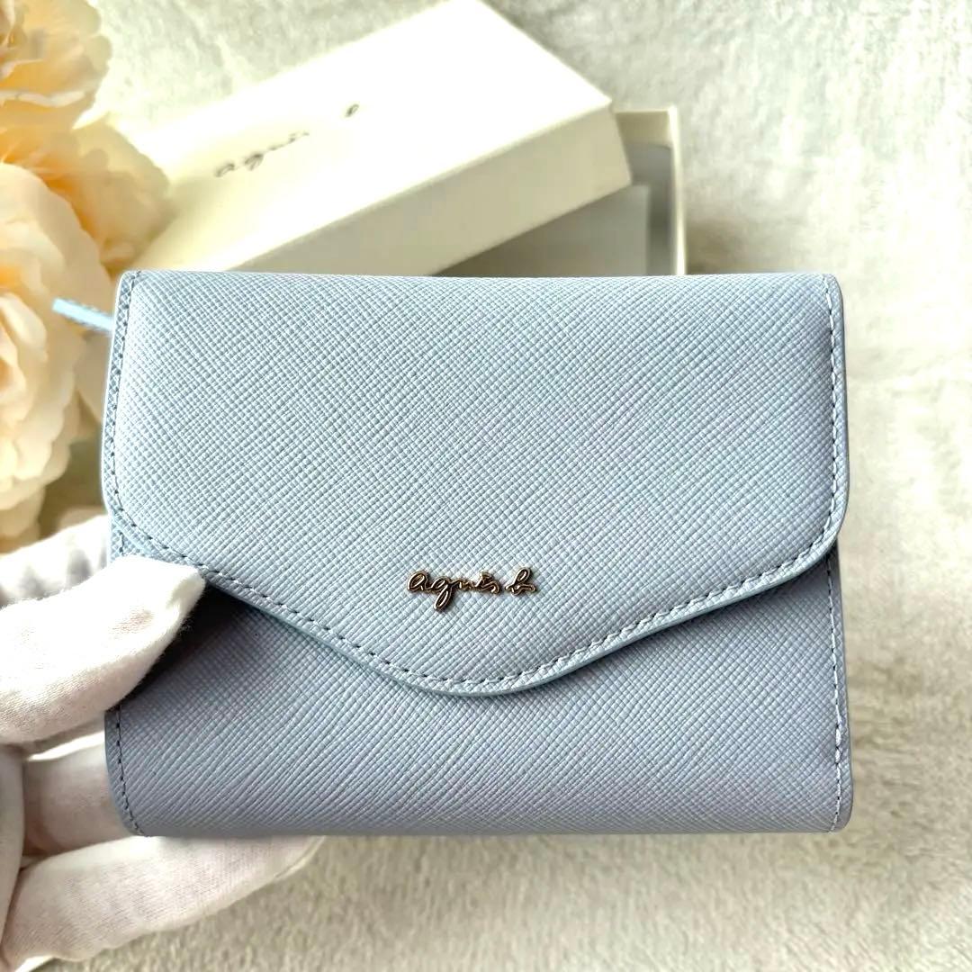【未使用】agnes b. 3つ折り財布　レザー　ブルー　ava ミニウォレット