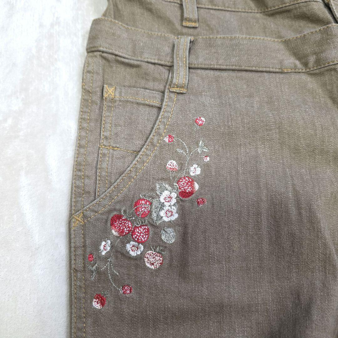 PINK HOUSE ピンクハウス 苺刺繍＆裾レース クロップドデニムパンツ L