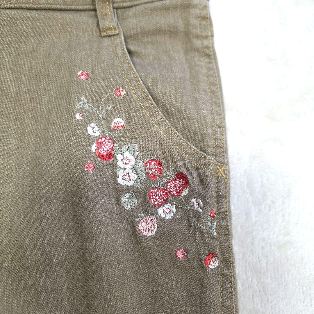 PINK HOUSE ピンクハウス 苺刺繍＆裾レース クロップドデニムパンツ L