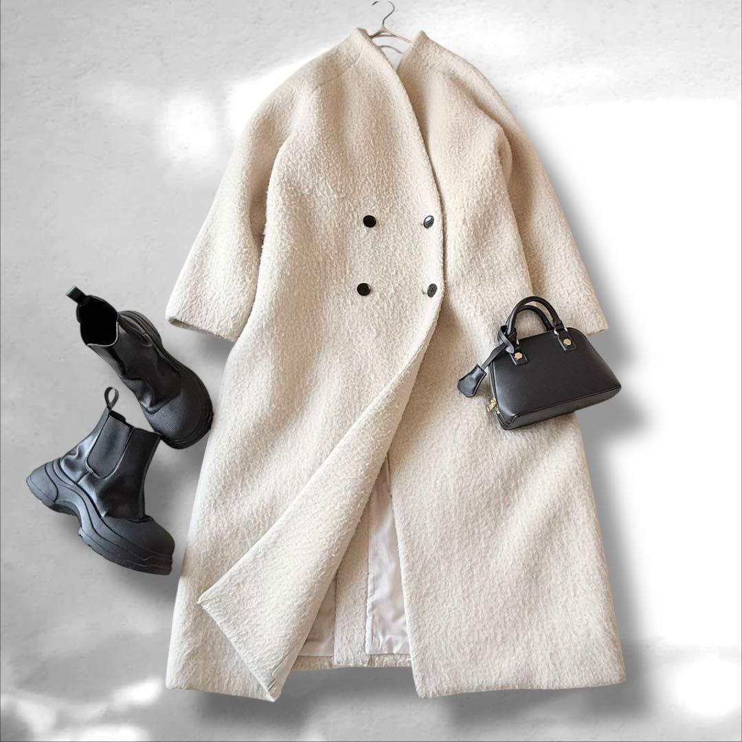 anuke アンヌーク　Collarless Shaggy Coat アイボリー