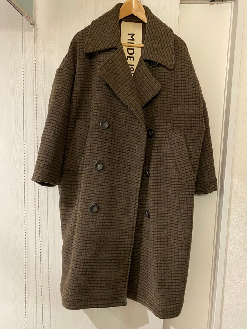 Ru様　mede19f ブラウン チェック柄 ダブルブレスト ロングコート