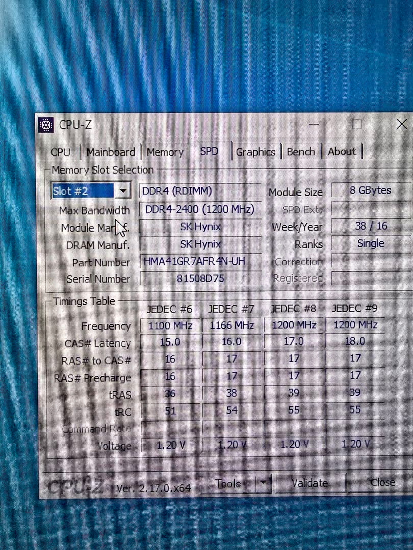 sk hynix製ddr4-2400 ecc 8gb×2枚 中古