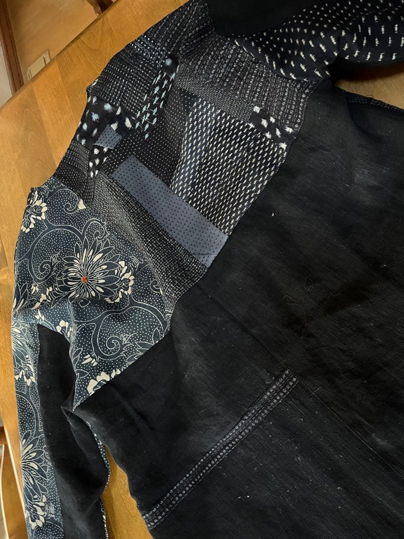 古布リメイクコート　型染　絣　パッチワーク　襤褸　刺子　総裏　ハンドメイド
