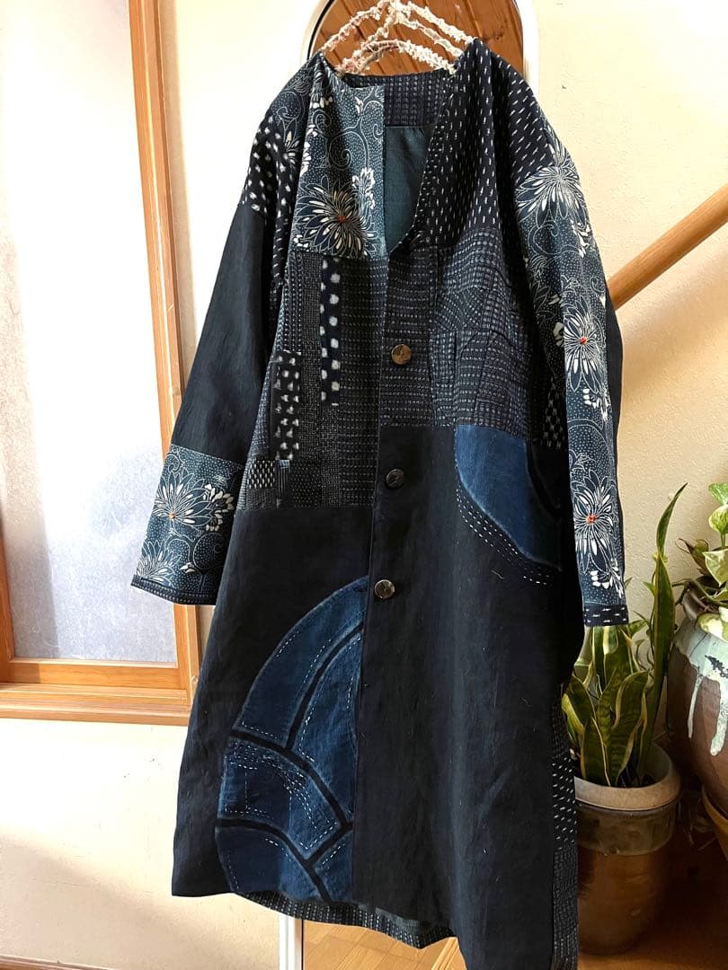 古布リメイクコート　型染　絣　パッチワーク　襤褸　刺子　総裏　ハンドメイド