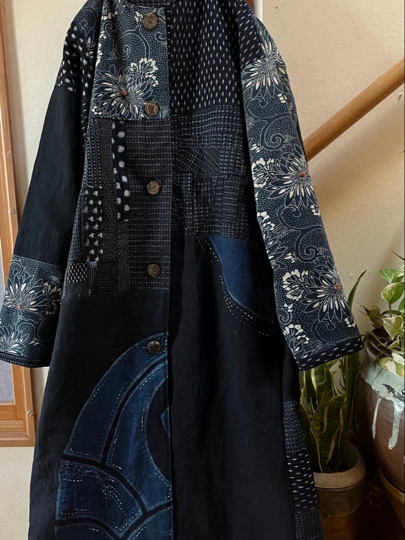 古布リメイクコート　型染　絣　パッチワーク　襤褸　刺子　総裏　ハンドメイド
