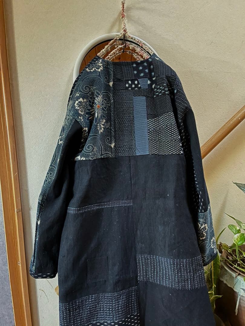 古布リメイクコート　型染　絣　パッチワーク　襤褸　刺子　総裏　ハンドメイド