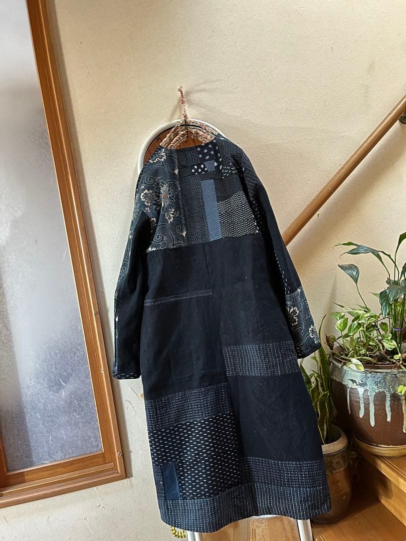古布リメイクコート　型染　絣　パッチワーク　襤褸　刺子　総裏　ハンドメイド