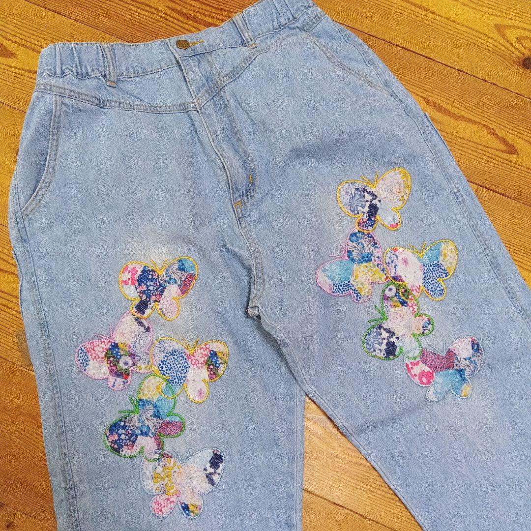 Scalar　蝶柄アップリケ刺繍デニムパンツ