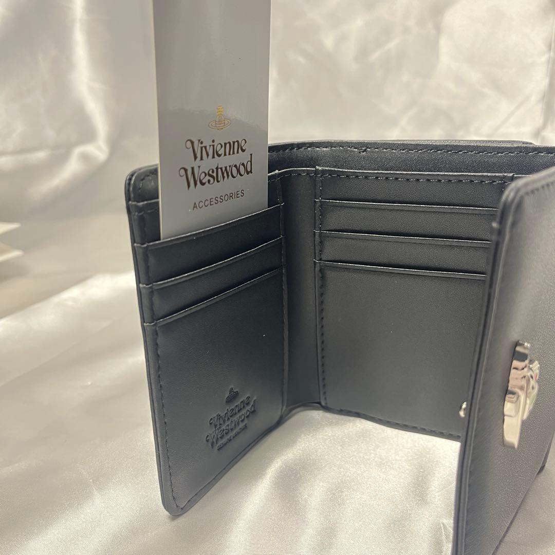新品VivienneWestwood黒 ブラック 銀色オーブ 三つ折り財布 人気