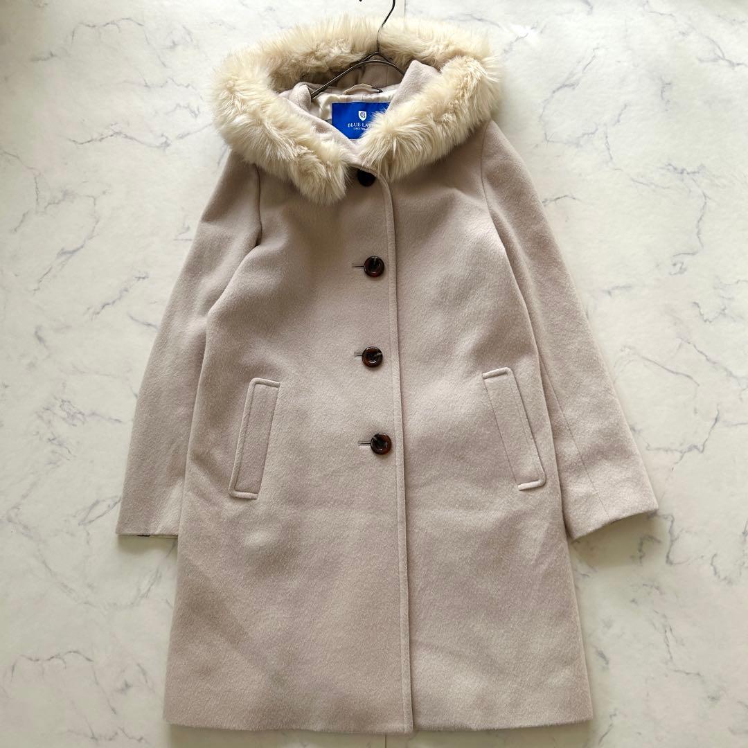 ブルーレーベルクレストブリッジ ファー付きロングコート フード ベージュ