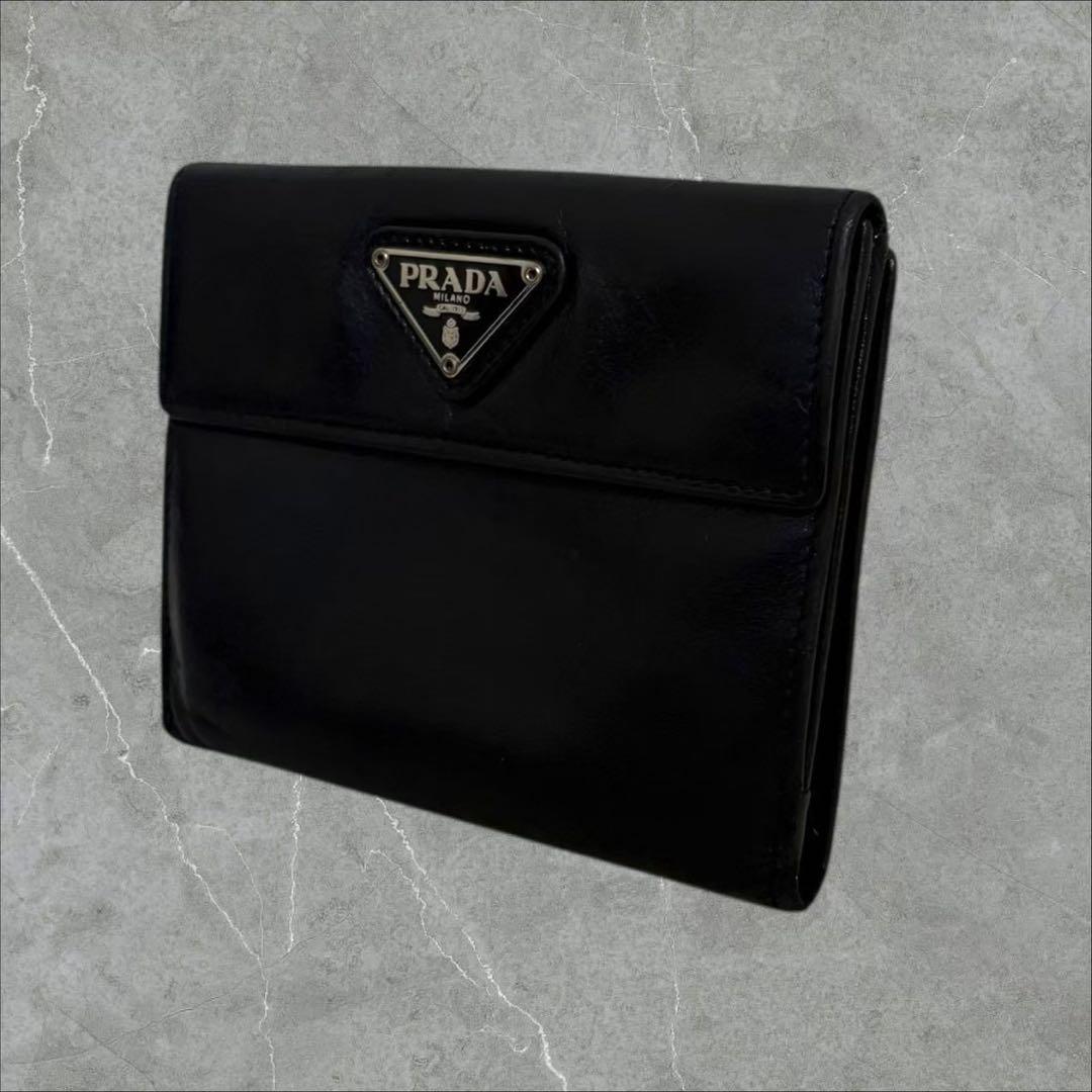 美品✨ PRADA プラダ 三つ折り財布 オールレザー ブラック 三角ロゴ